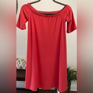 Derek Heart. Off shoulder coral dress.